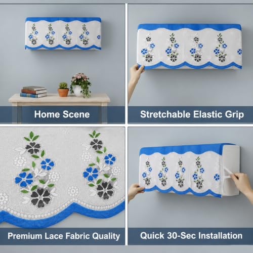 Image of Premium Cotton Net AC Cover for 1.5-2 Ton Split Air Conditioner | Dust Protection AC Indoor Unit Cover for Summer | Embroidered & Printed | Pack of 1 (Blue Flower)