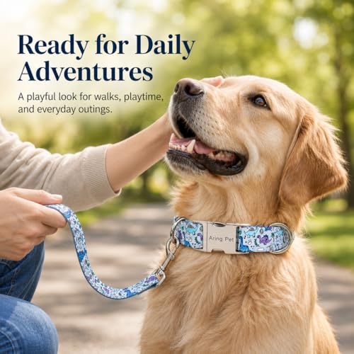 Image of ARING PET Dinosaur Dog Collar, Cute Spring Summer Blue Boy Heavy Duty Doggy Collars with Metal Buckle for Puppy Small Medium Large Dogs-M