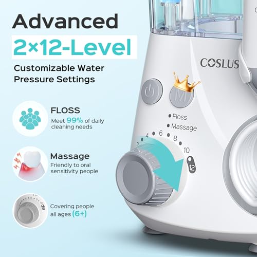 Image of COSLUS E2 Advanced Water Dental Flosser Teeth, 2 Modes 12 Pressure Settings | Electric Pick for Orthodontic, Braces, Sensitive Gums - Home Use, 5 Jet Tips for Multiple Family Users, White, Standard Set
