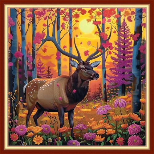 Image of Joyhoor Cross Stitch Kits for Beginners Stamped Cross-Stitch Supplies Needlework preprint Embroidery Kits for Adults DIY Needlepoint Kits Embroidery Patterns 11CT-Deer Landscape 18x18 inchs