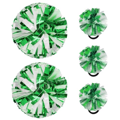 Hooshing 5PCS Cheerleading Pom Poms Green and White Cheerleader Hair Ties Pompoms for Basketball Football Sports Team Spirits Birthday Festivals Party Adults Kids