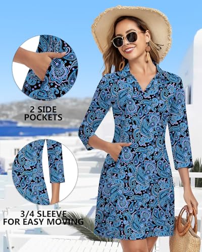 Image of WOWENY 3 /4 Sleeve Dress for Women with Pockets V Neck UPF 50+ Casual Sun Dress Breathable Quick Dry Beach Vacation