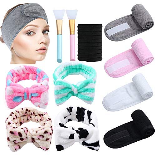 8 Pcs Facial Spa Headband Makeup Shower Bath Wrap Sport Headband Terry Cloth Adjustable Stretch Towel with Magic Tape, Bowknot Bow Elastic Hair Band with 2 Brushes,10 Hair Ties