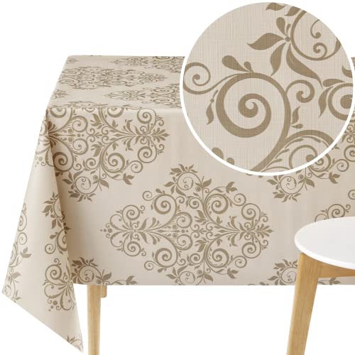 KP HOME Nappe Toile Cirée Rectangulaire 140x200 Nappe PVC Motif Baroque sur Fond Beige Nappe Cirée 200x140 Élégante Nappe Plastique Fleur De Damas - Lavable Imperméable et Essuyable Exterieur 2m