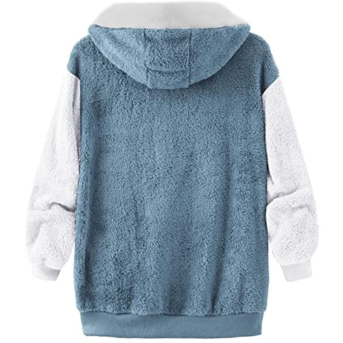 Fuzzy Fleece Jackets for Women Plus Size Hoodies Fall Winter Coats Color Block Patchwork Cardigan Coat with Pockets