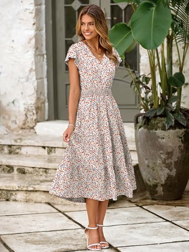 Image of BerryGo Women's Floral Boho Ruffle Summer Midi Dress Short Sleeve V Neck Empire Waist Swing Flowy Dress
