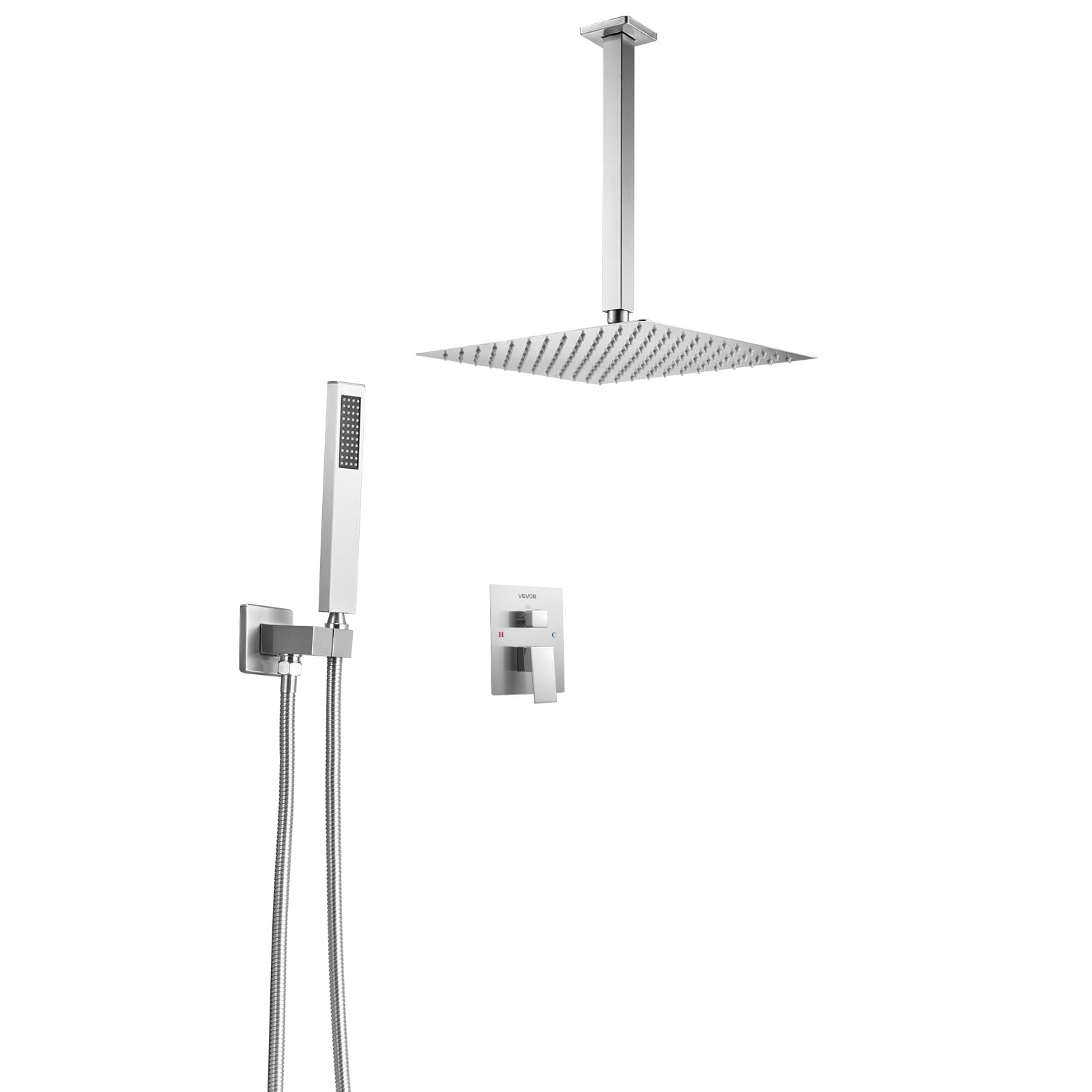 VEVOR Juego de Grifo de Ducha de Lluvia con Cabezal de Ducha Cuadrado de 30,5 cm y Rociador de Mano, Grifería de Techo con Válvula de Latón y Kit de Embellecedor, 6,7 L/min, Níquel Cepillado