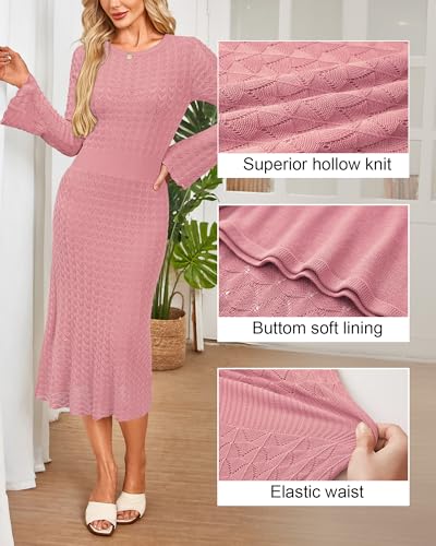 Image of Newshows Women's Hollow Slim Summer Fall Church Work Casual Sweater Dress | Machine Washable Knit Sweater Fabric, Hollow Design, Bell Sleeve, Business Casual, Church Teacher Outfits, Modest Dress