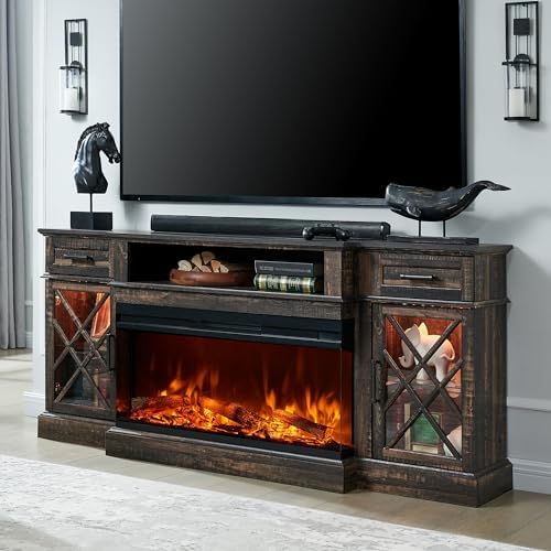 OKD 3-Sided Glass Farmhouse Fireplace TV Stand for TVs up to 80'', Highboy Entertainment Center with Glass Door Storage Cabinet, 70'' Large TV Stands with 36'' Electric Fireplace, Dark Rustic Oak - Thumbnail 2
