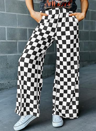 Acelitt Womens Casual Checkered Pants Elastic Waist Comfy Loose Wide Leg Pants with Pockets4