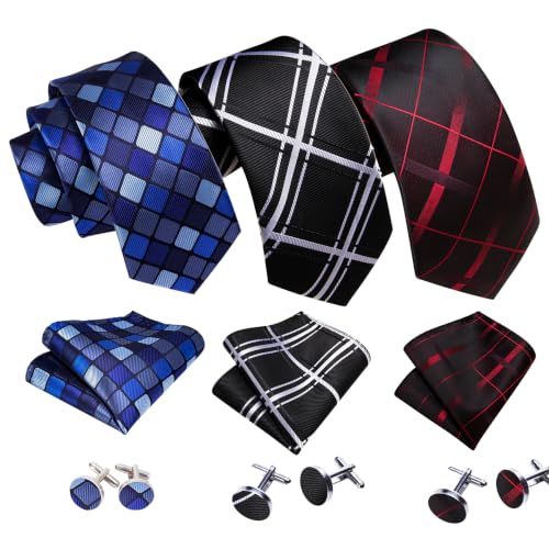Image of Barry.Wang 6 PCS Men Ties Set Silk Business Fashion Woven Necktie Handkerchief Cufflinks Paisley Stripe Wedding Party