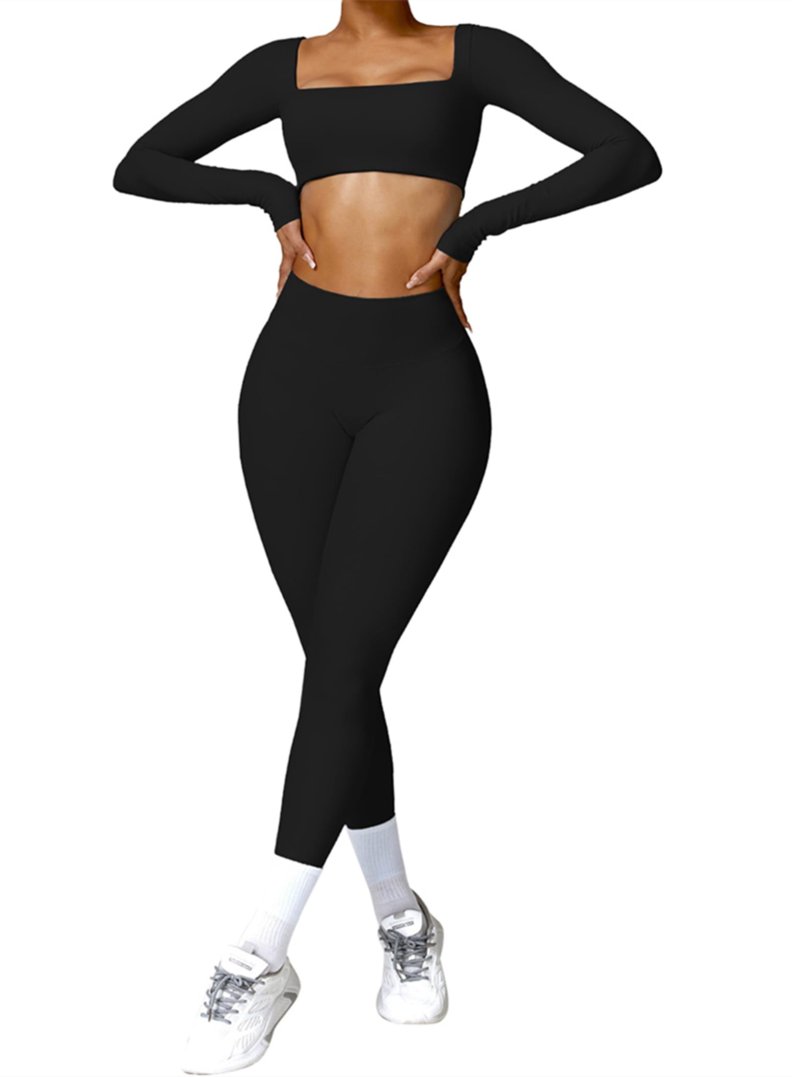 ABOCIW Workout Sets for Women 2 Piece Square Neck Long Sleeve Crop Tops High Waist Flared Leggings Gym Sets