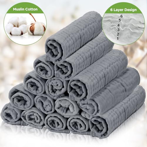 Image of Breling 20 Pcs Baby Muslin Washcloth 12 x 12 Inch 100% Cotton Soft and Absorbent Muslin Washcloth Burp Cloth Wipe Newborn Face Towel for Baby Boy Girl Sensitive Skin(Gray)