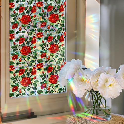 Película decorativa para ventana con flores rojo rosa 15.75 x 40 pulgadas miniatura 3
