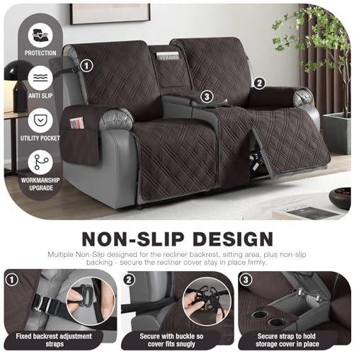 Image of TAOCOCO Polyester Loveseat Recliner Cover With Center Console - 100% Waterproof Pet Protector for Dual Recliner With Cup Holder, Split Reclining Furniture for Pets & Kids (2 Seater, Coffee)