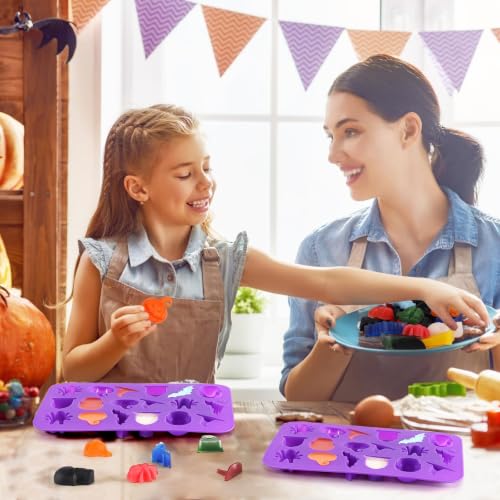 Image of 2 Pack Halloween Silicone Molds, Halloween Chocolate Molds, 3D Spider Skull Pumpkin Bat Mold for DIY Gummies Jello Ice Cube Jelly Chocolate Candy Cakes Decorations (Purple)