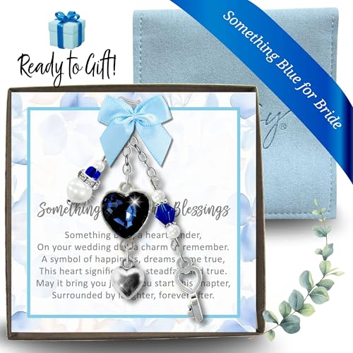 Gutsy Goodness Something Blue Wedding Key To My Heart Gift For Bride, Handmade Glass Faceted Midnight Blue Heart Bouquet Charm Pendant | Bonus Jewelry Pouch Set Bridal Shower Idea Bridesmaid Friend | Gutsy Goodness thumb #5