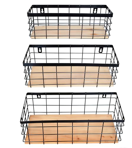 ShabbyDecor Metal Wire Basket Detachable Wood Base Storage Organizer Farmhouse Hanging Basket for Kitchen Cabinets, Bathroom, Pantry, Laundry Room Set of 3,Black Color