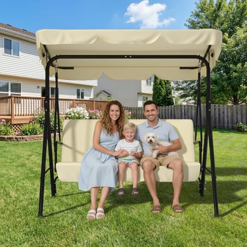 Image of AECOJOY Porch Swing with Stand, 3-Seat Outdoor Clearance Porch Swings for Adults, Outdoor Patio Swing with Adjustable Canopy & Removable Cushion for Backyard, Garden, Balcony, Beige