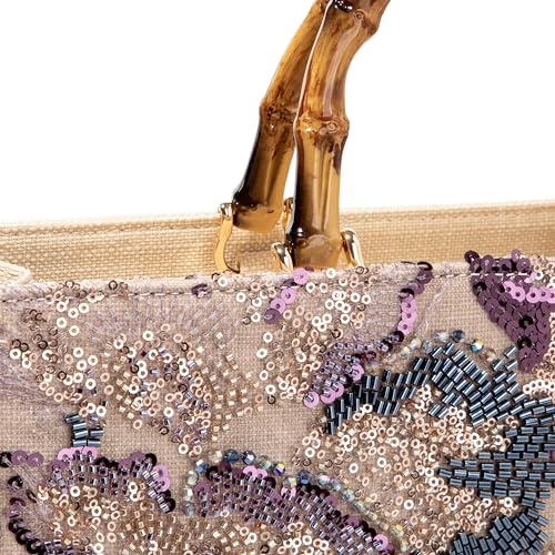 Bolso Tote Floral con Bordado y Asa de Bambú miniatura 3