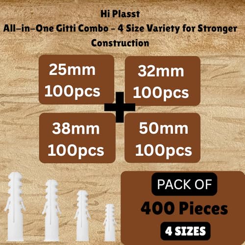 Image of Hiplasst Nylon Wall Plugs Combo Pack of 400pcs (25mm, 32mm, 38mm, 50mm) - Heavy Duty Rawl Plugs for Wall Fixing, Drilling & Anchoring | Anti-Slip Design | 100 Pcs Each Size (400)