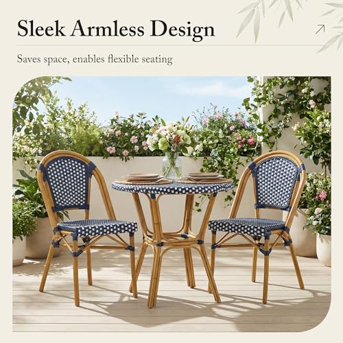 Image of PURPLE LEAF Patio Dining Chair Set of 4 Outdoor French Aluminium Frame in Bamboo Finish with Navy Blue & White Woven Rattan for Indoor Kitchen Deck Bistros Cafe
