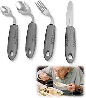 WRQIOO 4-Piece Parkinson Cutlery, 42° Angle Adaptive Cutlery for Parkinson's Disease, Weighted Cutlery for Tremor for Disabled People Parkinson's Patients Elderly Arthritis (Grey: Right-Handed Users)