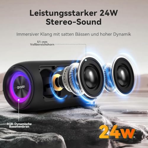Miniatura 2 de oraolo Altavoz Bluetooth Pequeño, Altavoz Portatil Bluetooth 5.4, Mini Altavoces Ducha, 30H Reproducción, IPX7 Resistencia al Agua, TWS/AUX/TF, Adecuado para Exteriores/Fiestas/Viajes (Negro)