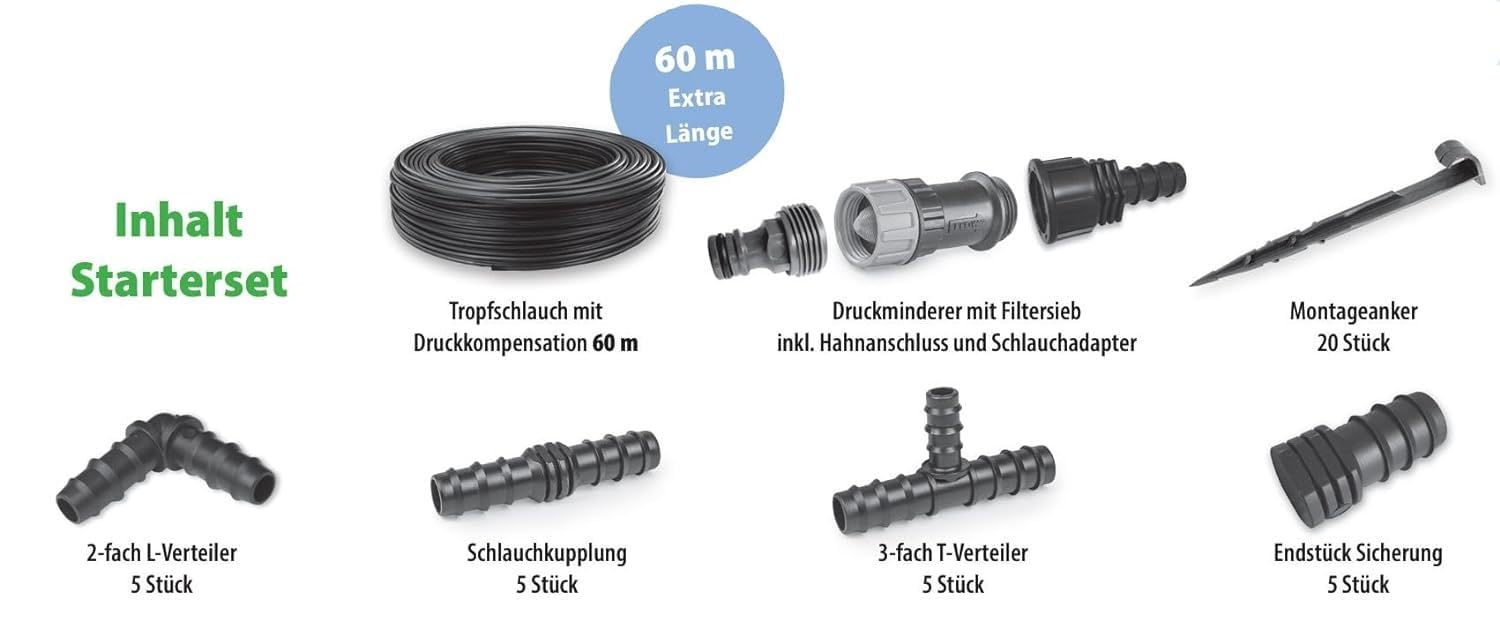 EraGreen Bewässeungsset Aquadrip - 60m Tropfschlauch mit Druckkompensation - effektive Bewässerung für Gewächshaus, Hochbeet, Hecken, Gemüsebeet und Gartenbewässerung