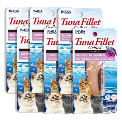 INABA Premium Hand-Cut Grilled Tuna Fillet Cat Treats/Topper with Vitamin E and Green Tea Extract, 0.52 Ounces Each, Pack of 6, Extra Tender Tuna Broth Cover