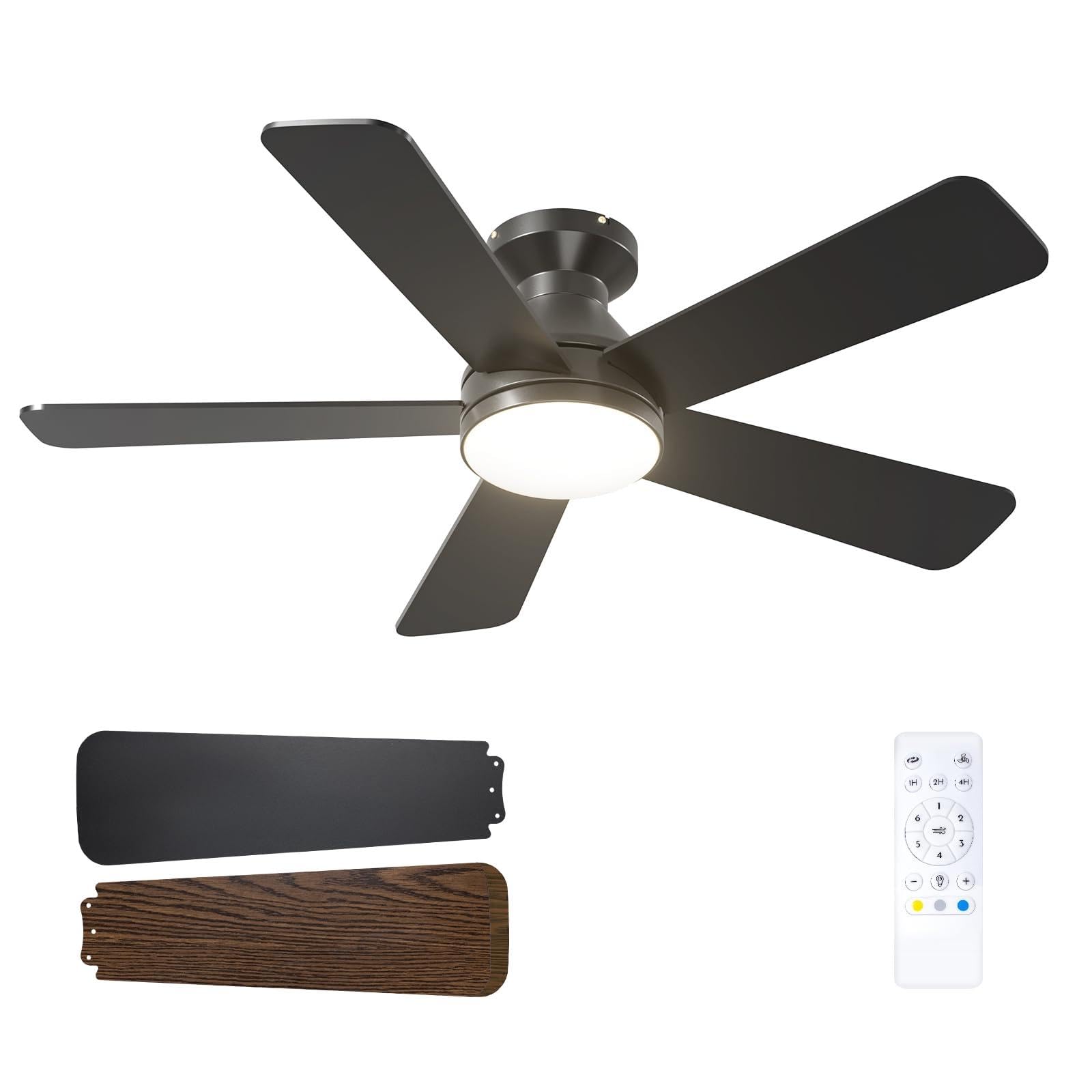 Passky Ventilador de techo de 107 cm con iluminación y control remoto, motor de corriente continua silencioso, 6 velocidades, luz LED regulable, 3 temperaturas de color, negro