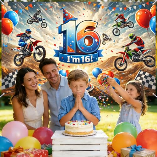Image of Nuxovilar Happy 16th Birthday Banner Backdrop 71 inchx43 Polyester | Celebrate Party Supplies, Celebration Decor. Dirt Bike Birthday Party Decorations. Yard, Garage, Room. (Dirt Bike 16th)