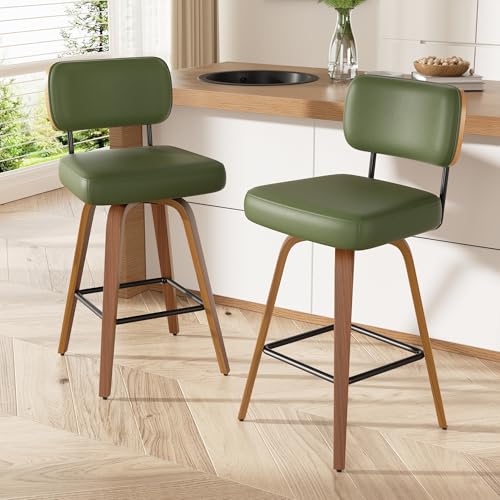 Image of Swivel Bar Stools Set of 5, 26 inch Upholstered Faux Leather Counter Height Barstools with Walnut Back & Bentwood Legs, Mid Century Modern Bar Chairs Island Stools for Kitchen Counter, Green