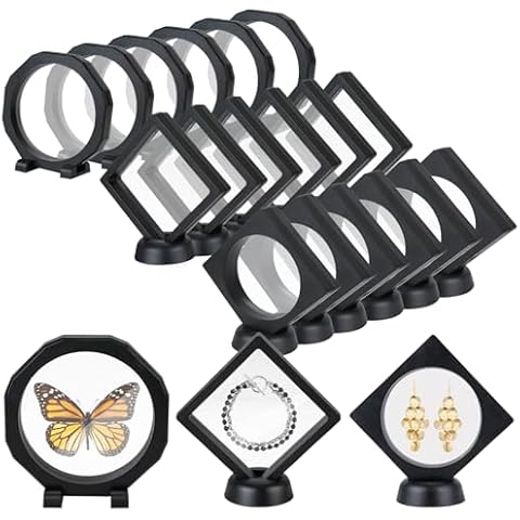 HOSTK 18Pcs 3D Floating Display Case, Transparent Film Jewely Storage Box, Black Challenge Coin Display Holder Stand for Antique Challenge Coins Medals Jewelry Shells Specimen Pins Minerals Rocks Gems Cover