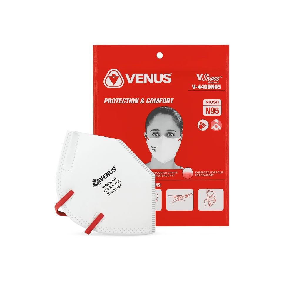 VENUS - V-4400 - N95 Face Mask - NIOSH Certified, Unisex Fold Flat Design, Dust, Bacterial & Viral Protection - White - Pack of 10