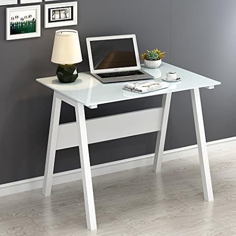 CherryTree Furniture Contemporary Computer Desk with Tempered Glass Top (White) Cover