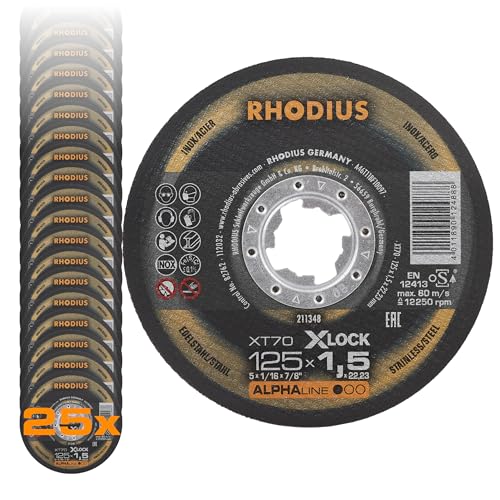 RHODIUS XT70 X-LOCK | 25 Stück Ø 125 mm x 1,5 mm | Trennscheibe Metall | Extra dünn| für Winkelschleifer, Edelstahl, INOX, Stahl, Eisen, Hartmetall