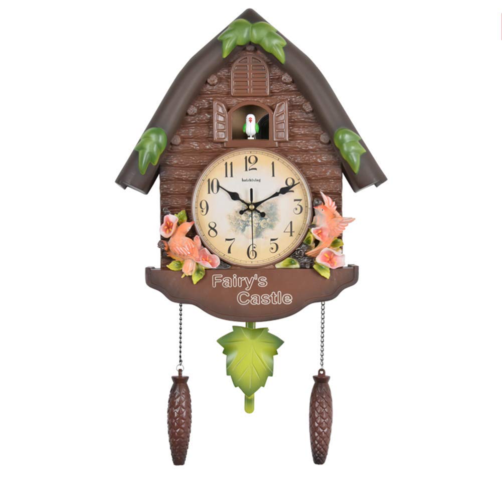 cuckoo clock birdhouse wall clock with natural bird voices day and hourly alarm resin pendulum wall clock for home decor 60 cm x 15 cm x 36 cm (brown)