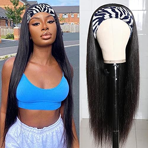 Utrue hair 20 Inch Headband Wig Human Hair Straight hair Headband Wigs for Black Women Brazilian Virgin Hair Machine Made None Lace Front Wigs Natural black color