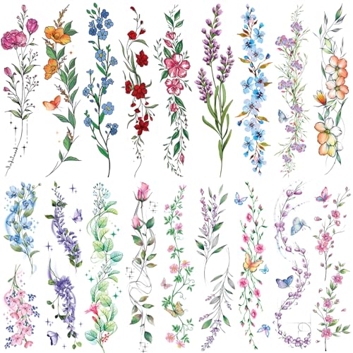Tazimi Watercolor Temporary Tattoos For Women Girls-24 Sheets Colorful Flower Lavender Rose Vine Forget-Me-Not Plum Blossoms Wild Flowers Realistic Waterproof Tattoo Stickers Body Art cover