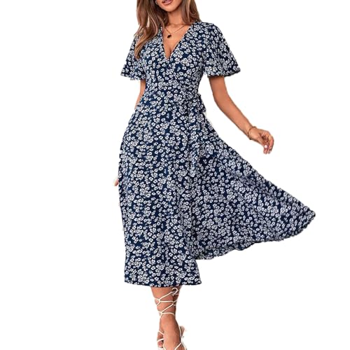 E EMZHOLE Women's Short Sleeve V Neck Wrap Waist Summer