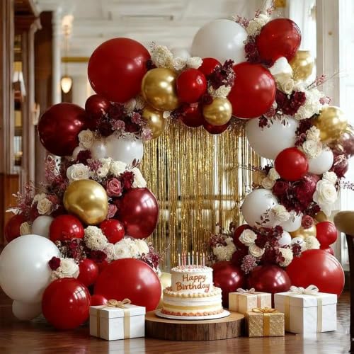 Image of Red White Gold Balloon Arch Double Stuffed Burgundy Red Gold Pearl White Balloon Garland Kit Wine Latex Balloons for Mother's Day Birthday Wedding Engagement Graudation Party Decorations