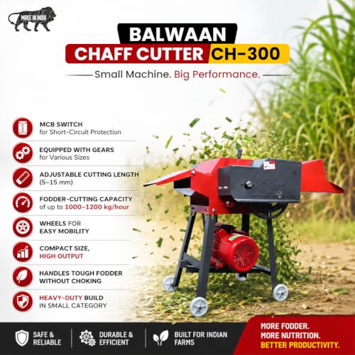Image of Balwaan Krishi Electric Chaff Cutter | 2.2kW /3HP Motor | 1000 kg /h Output | 4 Blade with Motor and Gear System with Wheels | Suitable for Both Dry & Wet Grass | CH-300
