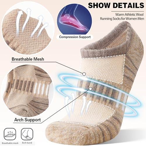 Image of Merino Wool Ankle Athletic Running No Show Socks Cushioned Breathable Sports Warm Thick Socks for Men and Women 6 Pairs