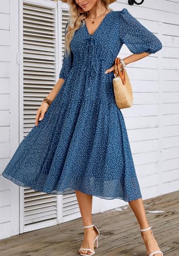 Kormei Women's Casual 3/4 Sleeve Summer Dress Boho Floral Print V Neck High Waist Long Party Beach Flowy Maxi Dresses2