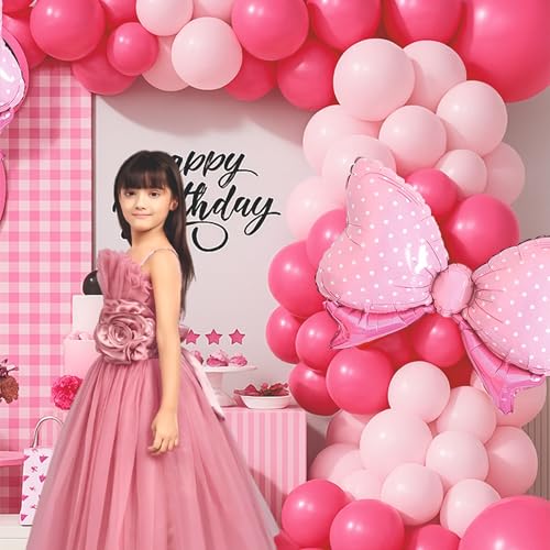 Image of 55 Pcs Set of Pastel pink and Hot pink balloons with pink Bow foil balloons for girls birthday celebration, home party decoration kit