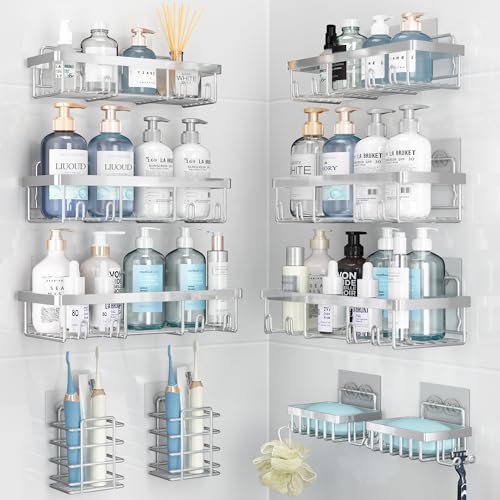 Image of Liuoud 10 Pack Shower Caddy Organizer Rack Shelf for Inside Shower, Self Adhesive Wall Storage Basket Rustproof Stainless Steel Shampoo Holder Bathroom Accessory Decor Set, Silver