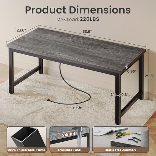 Image of Huuger 55 x 24 inch Desk with Power Outlets & USB-C, Deeper & Thicker Desktop, Robust Metal Tubes, Computer Desk, Heavy Duty Office Desk, Work Gaming Desk for Home Office, Grey