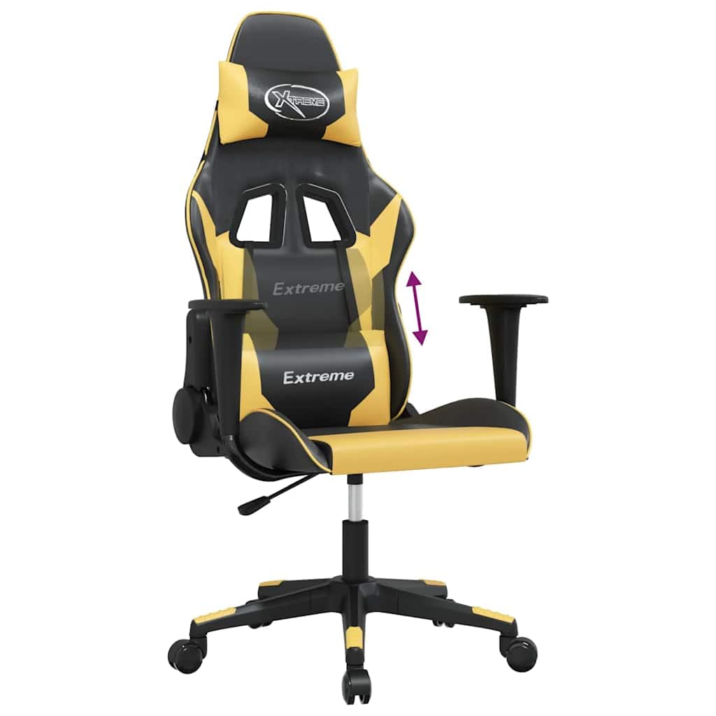Gaming-Stuhl Schwarz und Gold Kunstleder Ergonomisch mit Wippfunktion und Lenden Nacken Kissen für Esport Homeoffice Jugend PC Setup