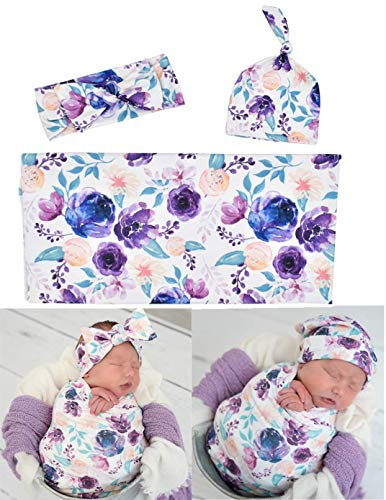 Newborn Baby Swaddle Blankets Beanie Hat Headband Sets, Swaddle Sack, Receiving Blankets Infant Baby Gifts (Purple Flower, 0-3 Months)
